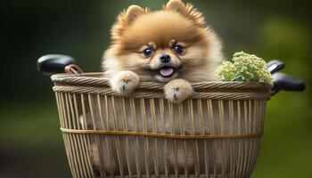 pommeren pup Aan de Gaan genieten van de landschap in een fiets mand ai gegenereerd foto