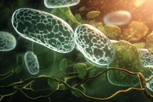 levendig 3d illustratie van de biochemisch werkwijze van cel ademhaling met mitochondriën in microscopisch visie ai gegenereerd foto