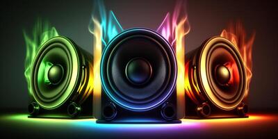 illustratie van neon licht geluid luidsprekers muziek- dozen ai gegenereerd inhoud foto