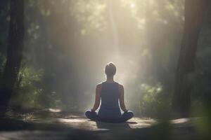 vinden vrede binnen vrouw mediteren in met gekruiste benen yoga houding ai gegenereerd foto