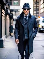onherkenbaar detective Mens vervelend een hoed en jas wandelen in de straat. generatief ai. foto