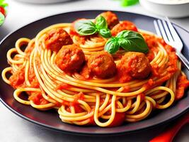 spaghetti met gehaktballen, tomaat saus en basilicum. generatief ai. foto