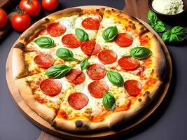 pizza margherita met Mozzarella kaas, kers tomaten en basilicum. Italiaans keuken. generatief ai. foto