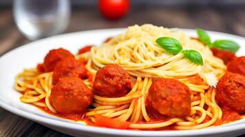 spaghetti met gehaktballen, tomaat saus en basilicum. generatief ai. foto
