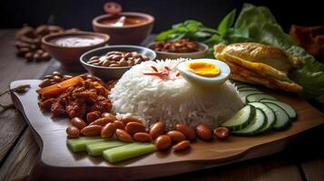Aziatisch voedsel - een traditioneel nasi Lemak schotel geserveerd Aan een houten bord. ai generatief foto