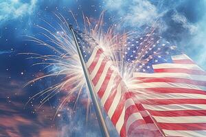 patriottisch geest van de Verenigde staat, een Amerikaans vlag ontrold tegen achtergrond van vuurwerk vieren onafhankelijkheid dag. generatief ai technologie. foto