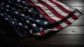 foto schot van Verenigde Staten van Amerika nationaal vlag Aan houten tafel voor 4e van juli, gedenkteken dag, veteranen dag, Amerikaans onafhankelijkheid dag viering concept. generatief ai technologie.