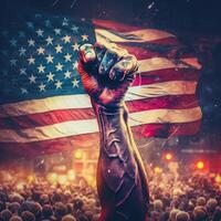 detailopname fotografie van verhogen menselijk vuist tegen Verenigde Staten van Amerika nationaal vlag achtergrond, concept van protest weerstand, staand omhoog voor overtuigingen vechten en gerechtigheid. generatief ai. foto