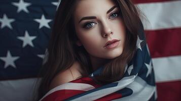 opvallend foto van prachtig op zoek vrouw in Verenigde Staten van Amerika vlag. 4e juli onafhankelijkheid dag of Amerikaans evenement viering concept.