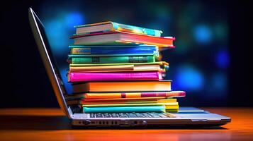 een stack van kleurrijk boeken zitten Aan laptop Bij bureau illustratie. e-learning concept, gemaakt door generatief ai technologie. foto