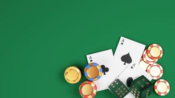 3d veroorzaken, top visie van casino elementen net zo aas kaarten, poker chips, groen dobbelstenen en kopiëren ruimte. foto