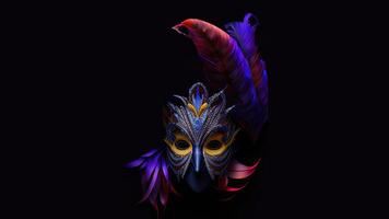 Venetiaanse vol gezicht masker met mooi veren Aan zwart achtergrond en kopiëren ruimte. 3d veroorzaken. foto