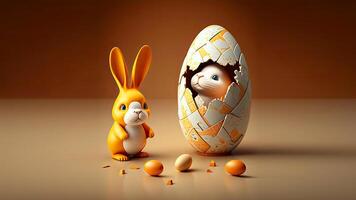 3d geven van schattig baby konijn of konijn karakter met eieren Aan glimmend bruin achtergrond. gelukkig Pasen concept. foto