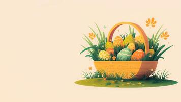 illustratie van kleurrijk bloemen Pasen eieren mand Aan gras tegen kosmisch latte achtergrond en kopiëren ruimte. gelukkig Pasen dag concept. foto
