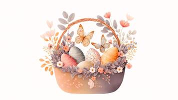 illustratie van bloemen Pasen ei mand met vlinder tekens en kopiëren ruimte. gelukkig Pasen dag concept. foto