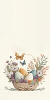 illustratie van bloemen ei mand met vlinder karakter en kopiëren ruimte. gelukkig Pasen dag concept. foto