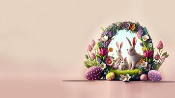 3d geven van konijn familie karakter tegen circulaire bloemen kader met eieren Aan pastel roze achtergrond. gelukkig Pasen dag concept. foto
