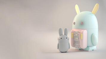 3d geven van robot konijnen karakter Aan grijs achtergrond en kopiëren ruimte. foto