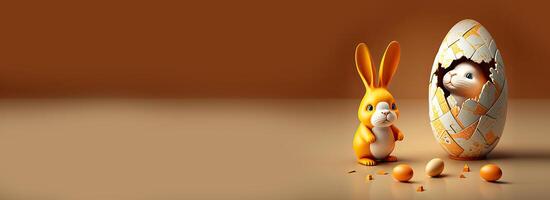 3d geven van schattig baby konijn of konijn karakter met eieren Aan glimmend bruin achtergrond. gelukkig Pasen dag concept. foto