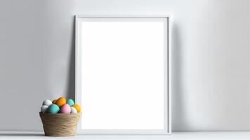 3d geven van kleurrijk ei mand, leeg verticaal kader tegen grijs achtergrond en kopiëren ruimte. foto