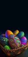 kleurrijk papier bloemen Pasen eieren mand Aan donker taling achtergrond en kopiëren ruimte. gelukkig Pasen dag verticaal sjabloon of standee poster ontwerp. foto