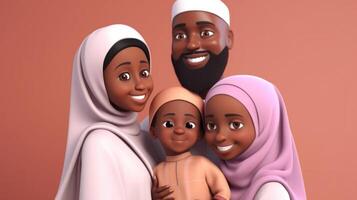 aanbiddelijk Disney stijl avatar van smiley Afrikaanse moslim familie in knuffelen houding samen. eid mubarak concept, generatief ai. foto