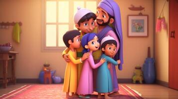 aanbiddelijk tekenfilm avatar van moslim familie knuffelen en wensen elk ander. eid mubarak concept, generatief-ai digitaal illustratie. foto