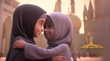 aanbiddelijk Disney stijl avatar van Arabisch meisjes knuffelen en wensen elk ander, wazig moskee voor eid mubarak concept, generatief ai. foto