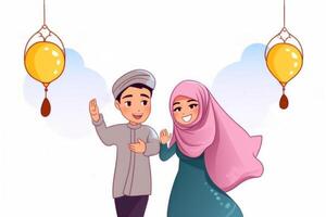aanbiddelijk tekenfilm avatar van vrolijk moslim paar golvend hun handen, hangende kerstballen Aan achtergrond. eid mubarak concept. generatief ai foto