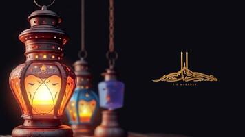 eid mubarak banier ontwerp met verlichte etnisch lampen. foto