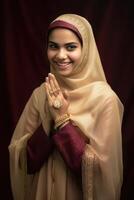 mooi glimlachen moslim vrouw vervelend hijab in Welkom houding, generatief ai. foto