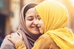 aantrekkelijk moslim vrouw in hijab knuffelen haar dochter Aan wazig bokeh achtergrond, eid viering, generatief ai. foto