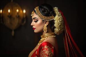 kant kijken portret van een Indisch bruid vervelend traditioneel rood Lehenga met zwaar goud sieraden Aan donker achtergrond, generatief ai. foto