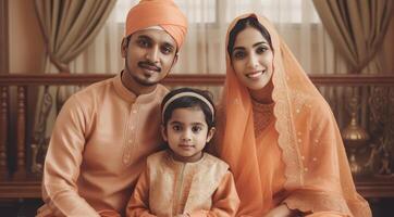 realistisch portret van vrolijk moslim familie vervelend traditioneel kleding gedurende eid viering, generatief ai. foto