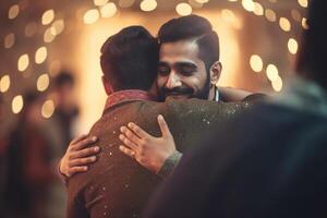 detailopname van Indisch mannen knuffelen en wensen elk andere gedurende ceremonie, generatief ai. foto