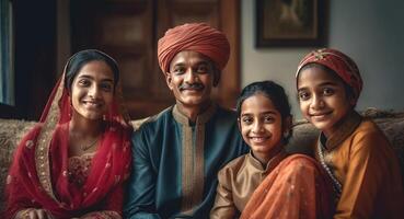 realistisch portret van vrolijk moslim familie vervelend traditioneel kleding gedurende eid viering, generatief ai. foto