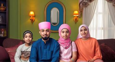 realistisch portret van moslim familie zittend samen en slijtage traditioneel kleding gedurende eid viering, generatief ai. foto