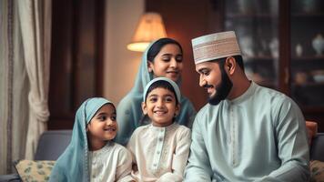 gelukkig moslim familie karakter vervelend traditioneel kleding, eid viering concept, generatief ai. foto