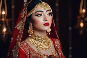 portret van mooi Indisch bruid vervelend traditioneel rood Lehenga met zwaar goud sieraden gedurende de huwelijk ceremonie, generatief ai. foto