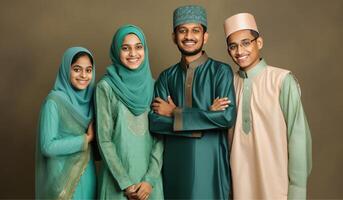 realistisch portret van moslim familie vervelend traditioneel kleding gedurende eid viering, generatief ai. foto