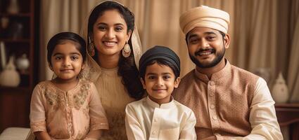 realistisch portret van Indisch moslim familie vervelend traditioneel kleding gedurende eid viering, generatief ai. foto