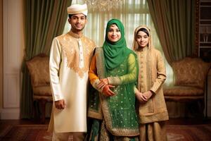 gelukkig moslim familie karakter vervelend traditioneel kleding gedurende eid viering, generatief ai. foto