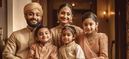 realistisch portret van gelukkig Indisch familie samen gedurende ceremonie, generatief ai. foto