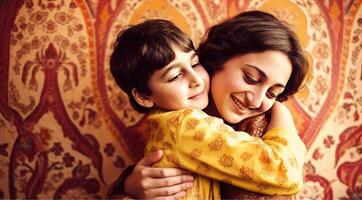 realistisch portret van Indisch jongen knuffelen zijn mam Aan floreren patroon achtergrond, generatief ai. foto