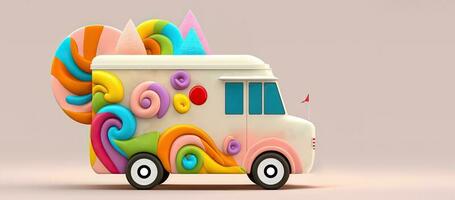 3d geven van fantasie kleurrijk voedsel vrachtauto van snoepland Aan roze achtergrond. foto