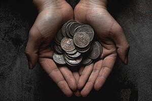 top visie handvol van munten in palm van menselijk handen Aan donker achtergrond, opslaan geld concept. generatief ai. foto