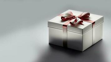 3d geven van grijs geschenk doos met zijde boog lint en kopiëren ruimte. foto