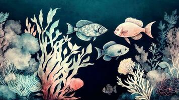 wijnoogst water kleur behang kleurrijk vissen en koralen. ai-gegenereerd, digitaal illustratie. foto