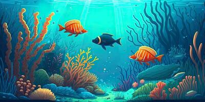 wijnoogst water kleur behang kleurrijk vissen en koralen. ai-gegenereerd, digitaal illustratie. foto