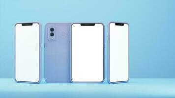 3d geven van blanco multi scherm smartphone mockup met dubbelzijdig tegen blauw achtergrond. foto